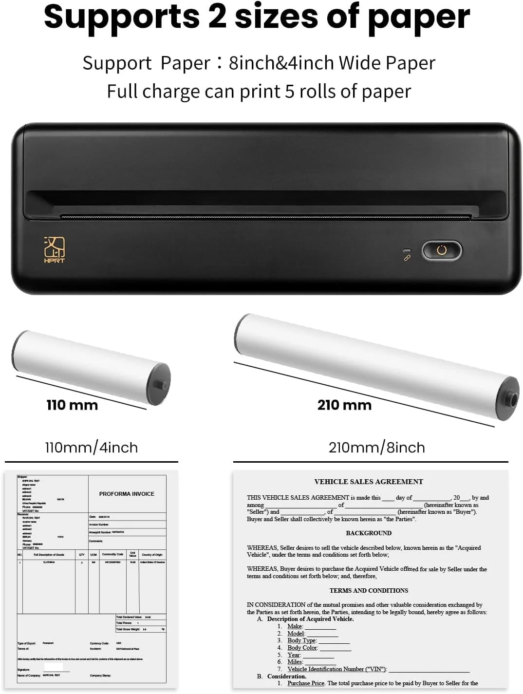 HPRT MT810 Portable A4 Wireless Bluetooth Thermal Printer for Travel, Compatible with 8" and 4" Thermal Roll Paper, Ideal for Home, Vehicles, Office, and Business Use