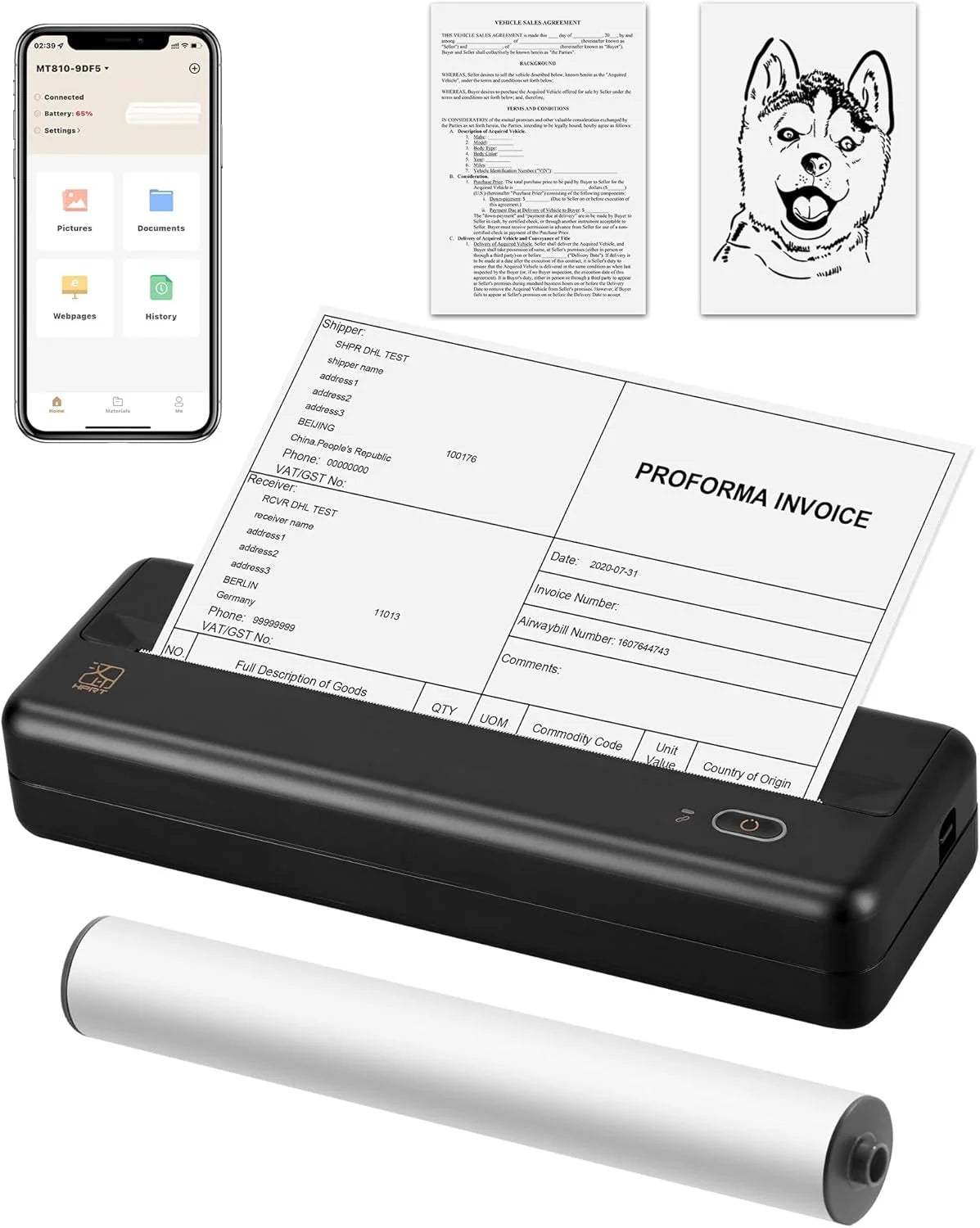 HPRT MT810 Portable A4 Wireless Bluetooth Thermal Printer for Travel, Compatible with 8" and 4" Thermal Roll Paper, Ideal for Home, Vehicles, Office, and Business Use